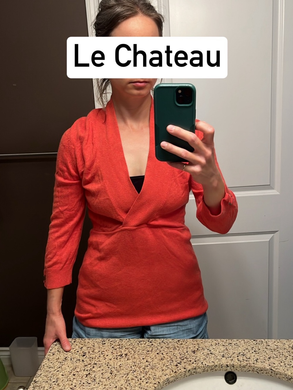 le chateau coral wrap-style long sleeve knit top. PTP 17" large medium
